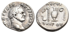 VESPASIAN (69-79). AR, Denarius. Rome.
Obv: IMP CAES VESP AVG [P M COS IIII].
Laureate head of Vespasian, right.
Rev: AVGVR / TRI POT.
Simpulum, s...