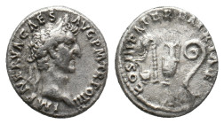 NERVA, 96-98 AD. AR, Denarius. Rome.
Obv: IMP NERVA CAES AVG P M TR POT II.
Laureate head of Nerva, right.
Rev: COS III PATER PATRIAE.
Priestly implem...