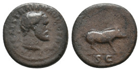 TRAJAN, 98-117 AD. AE Quadrans. Rome mint.
Obv: MP CAES TRAIAN AVG GERM B
Diademed bust of Hercules right, lionskin around shoulders.
Rev: Boar sta...