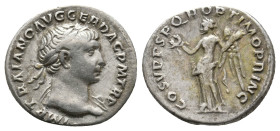 TRAJAN, 98-117 AD. AR, Denarius. Rome.
Obv: IMP TRAIANO AVG GER DAC P M TR P.
Laureate bust of Trajan, right; slight drapery on far shoulder.
Rev: COS...