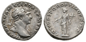 TRAJAN, 98-117 AD. AR, Denarius. Rome.
Obv: IMP TRAIANO AVG GER DAC P M TR P.
Laureate bust of Trajan, right; slight drapery on far shoulder.
Rev: COS...