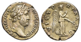 HADRIAN, 117-138 AD. AR, Denarius. Rome.
Obv: HADRIANVS AVG COS III P P.
Laureate head of Hadrian, right.
Rev: VICTORIA AVG.
Victory (Nemesis) advanci...