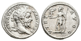 SEPTIMIUS SEVERUS (193-211 AD). AR, Denarius. Rome.
Obv: SEVERVS AVG PART MAX.
Laureate head of Septimius Severus, right.
Rev: VIRT AVGG.
Virtus helme...