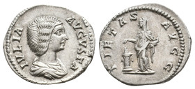 JULIA DOMNA Augusta, 193-211 AD. AR, Denarius. Rome.
Obv: IVLIA AVGVSTA.
Draped bust of Julia Domna, right.
Rev: PIETAS AVGG.
Pietas standing left, sa...