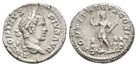 CARACALLA (198-217). AR Denarius. Rome.
Obv: ANTONINVS PIVS AVG.
Laureate head right.
Rev: PONTIF TR P X COS II.
Caracalla standing facing, head right...