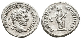 CARACALLA (198-217 AD). Rome. AR, Denarius.
Obv: ANTONINVS PIVS FEL AVG
Laureate head of Caracalla right, seen from behind.
Rev: P M TRP XVI COS IIII ...