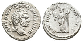 CARACALLA, 197-217 AD. AR, Denarius. Rome.
Obv: ANTONINVS PIVS AVG GERM
Laureate head of Caracalla, right.
Rev: P M TR P XVIII COS IIII P P
Pax standi...