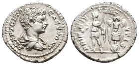 GETA, AS CAESAR. (198-209 AD.) AR, Denarius. Rome.
Obv: P SEPT GETA CAES PONT.
Bust of Geta; draped, bare-headed, right.
Rev: PRINC IVVENTVTIS.
Ge...