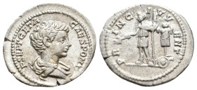 Geta, 198-209 AD. AR, Denarius.
Obv: SEPT GETA CAES PONT
Bare-headed, draped and cuirassed bust right.
Rev: PRINC IVVENTVTIS
Geta, as princeps iuv...