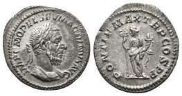 MACRINUS, 217-218 AD. AR, Denarius. Rome.
Obv: IMP C M OPEL SEV MACRINVS AVG
Laureate and cuirassed bust of Macrinus, right.
Rev: PONTIF MAX TR P COS ...