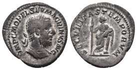 MACRINUS, 217-218 AD. AR, Denarius. Rome.
Obv: IMP C M OPEL SEV MACRINVS AVG
Laureate and cuirassed bust of Macrinus, right.
Rev: SECVRITAS TEMPORVM
S...