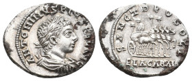 ELAGABALUS (218-222). AR Denarius. Antioch.
Obv: ANTONINVS PIVS FEL AVG.
Laureate, draped and cuirassed bust right.
Rev: SANCT DEO SOLI / ELAGABAL.
Qu...