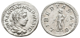 ELAGABALUS, 218-222 AD. AR, Denarius. Rome.
Obv: IMP ANTONINVS PIVS AVG
Laureate and draped bust of Elagabalus to right, seen from behind.
Rev: LIBERT...