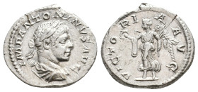 ELAGABALUS (218-222 AD). AR, Denarius. Rome.
Obv: IMP ANTONINVS PIVS AVG.
Laureate, draped and cuirassed bust of Elagabalus to right.
Rev. VICTORIA AV...