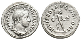 SEVERUS ALEXANDER, 222-235 AD. AR, Denarius. Rome.
Obv: IMP ALEXANDER PIVS AVG.
Laureate bust of Severus Alexander, right; with slight drapery.
Rev...
