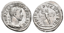 SEVERUS ALEXANDER, 222-235 AD. AR, Denarius. Rome.
Obv: IMP ALEXANDER PIVS AVG.
Laureate bust of Severus Alexander, right; with slight drapery.
Rev...