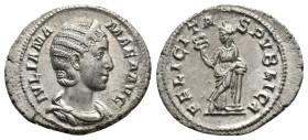 JULIA MAMAEA Augusta, 222-235 AD. AR, Denarius. Rome.
Obv: IVLIA MAMAEA AVG.
Draped bust of Julia Mamaea, right; wearing stephane.
Rev: FELICITAS P...