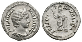 JULIA MAMAEA Augusta, 222-235 AD. AR, Denarius. Rome.
Obv: IVLIA MAMAEA AVG.
Draped bust of Julia Mamaea, right; wearing stephane.
Rev: FELICITAS PVBL...