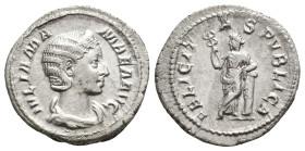 JULIA MAMAEA Augusta, 222-235 AD. AR, Denarius. Rome.
Obv: IVLIA MAMAEA AVG.
Draped bust of Julia Mamaea, right; wearing stephane.
Rev: FELICITAS PVBL...