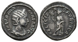 JULIA MAMAEA Augusta, 222-235 AD. AR, Denarius. Rome.
Obv: IVLIA MAMAEA AVG.
Draped bust of Julia Mamaea, right; wearing stephane.
Rev: FELICITAS P...