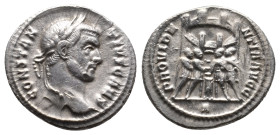 CONSTANTIUS I (AD 305-306) AR.
Obv: CONSTAN-TIVS CAES
Laureate head right .
Rev: VIRTVS MILITVM
Four emperors sacrificing over tripod altar before gat...