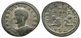 CRISPUS (Caesar, 316-326). AE Follis. Thessalonica.
Obv: CRISPVS NOB CAES.
Laureate, draped and cuirassed bust of Crispus to left.
Rev: VIRTVS EXER...