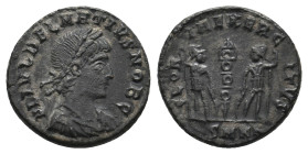 DELMATIUS (Caesar, 335-337). Follis. Cyzicus.
Obv: FL IVL DELMATIVS NOB C.
Diademed, draped and cuirassed bust right.
Rev: GLORIA EXERCITVS / SMKA.
Tw...