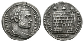 GALERIUS MAXIMIANUS (293-305). Argenteus. Alexandria.
Obv: MAXIMIANVS CAES.
Laureate head right.
Rev: VIRTVS - MILITVM
Three-turreted camp gate, o...