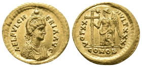 AELIA PULCHERIA (Augusta, 414-453). AV Solidus. Constantinople.
Obv: AEL PVLCHERIA AVG.
Pearl-diademed, draped bust right, wearing double necklace and...