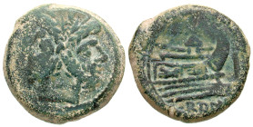 "Anonymous. Ca. 157-155 B.C. AE as (31.8 mm, 24.70 g, 3 h). Rome mint. Laureate double-head of Janus; above, I (mark of value) / ROM[A], prow of galle...