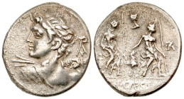 "L. Caesius or Caesilius. 112-111 B.C. AR denarius (21.2 mm, 3.70 g, 6 h). Draped bust of Vejovis left, seen from behind, preparing to hurl thunderbol...