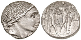 "L. Memmius. 109-108 B.C. AR denarius (16.4 mm, 3.75 g, 2 h). Male head right, wearing oak wreath; mark of value below chin / The Dioscuri standing fa...