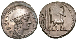 "Cn. Plancius. 55 B.C. AR denarius (18.6 mm, 3.49 g, 11 h). Rome mint. CN. PLANCIVS / AED. CVR. S.C, female head (Diana Planciana?) right, wearing pet...