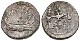"Mark Antony. 32-31 B.C. AR denarius (18.5 mm, 3.69 g, 5 h). Patrae (?) mint, 32-31 B.C. ANT · AVG III VIR · R · P · C, praetorian galley right / LEG ...