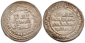 "Umayyad Caliphate. temp. al-Walid I. AH 86-96/ AD 705-715. AR dirham (25.8 mm, 2.32 g, 7 h). Dimashq (Damascus) mint, AH 92. Album 128. gVF. "