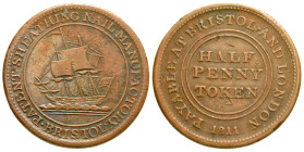 "Great Britain, Bristol. Somerset. AE halfpenny. 1811. PATENT SHEATHING NAIL MANUFACTURING // BRISTOL, 3-masted ship sailing left / PAYABLE AT BRISTOL...