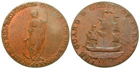 "Great Britain, Gosport. Hampshire. AE halfpenny. 1796. + PAYABLE AT BEN & IONN. JONES GOSPORT OR SHEERNESS, Hope standing facing / THE GUARD & GLORY ...