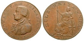 "Great Britain, Hampshire. AE halfpenny. 1795. IOHN HOWARD F.R.S PHILANTHROPIST, bust left / RULE BRITANNIA around; 1795 below. Edge: CURRENT EVERYWHE...