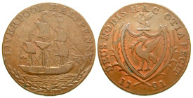 "Great Britain, Lancashire. Liverpool. AE halfpenny. 1791. LIVERPOOL HALFPENNY, Man o' war in full sail to right, legend above, wreath below / DEUS NO...
