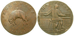 "Great Britain, Lancashire. Rochdale. AE halfpenny. 1791. ROCHDALE / 1791, Hanging fleece to the left (from the town's coat of arms), legend above, da...