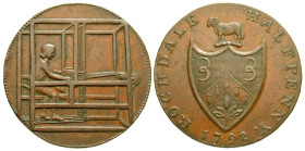 "Great Britain, Lancashire. Rochdale. AE halfpenny. 1792. ROCHDALE HALFPENNY· / 1792, Arms of the Clothworkers' Company with a ram crest, legend aroun...