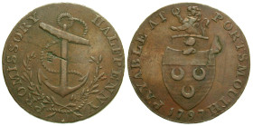 "Great Britain, Portsmouth. Hampshire. AE halfpenny. 1797. PAYABLE AT PORTSMOUTH // 1797, arms of Portsmouth (with three crescents) surmounted by knig...