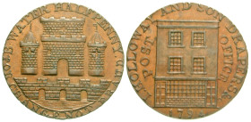 "Great Britain, Somerset. Bridgewater. 1794. AE penny. I.HOLLOWAY AND SON DRAPERS &C POST OFFICE / 1794, front view of a Georgian building and shopfro...