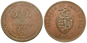 "Great Britain, Somersetshire. Bristol. AE 1 penny. 1811. Coat of Arms of Bristol: a shield with sailing ship and castle crested with crossed arms abo...
