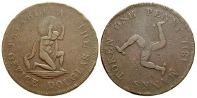 "Isle of Man. AE token penny. 1811. Atlas kneeling, holding a globe on his shoulders / Triskeles. KM Tn11. aVF. "