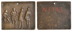 Master of Coriolanus, The Banishment of Coriolanus, bronze plaquette, an elderly man wearing toga hands a scroll to one of two soldiers; on the left, ...