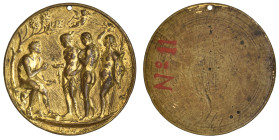 The Master IO F F (late 15th-early 16th century), The Judgement of Paris, bronze-gilt plaquette, Paris seated at left beneath tree holding out the gol...