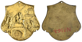 The Master IO F F (late 15th-early 16th century), Horatius Cocles defending the Bridge, shield-shaped bronze-gilt plaquette, Horatius on horseback on ...