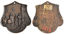The Master IO F F (late 15th-early 16th century), The Trial of Mucius Scaevola, shield-shaped bronze plaquette, Mucius holding a dagger in his right h...