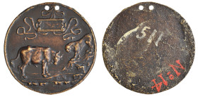 Attributed to the Master IO F F, An Allegory of Constancy, bronze plaquette, a bull stands as prey to a lion; CONST/ANTIA inscribed on a ribboned cart...